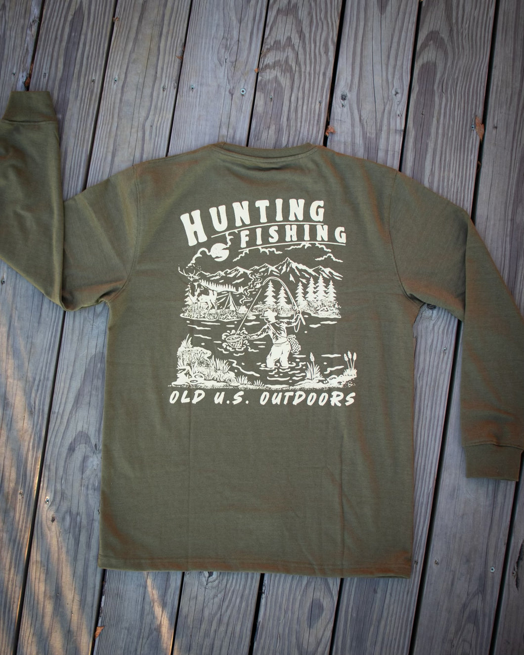 The Hunting & Fishing Crewneck runs one size smaller